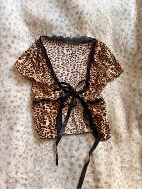 SHEIN Leopard Print Tie-Front Camisole with Black Lace Trim